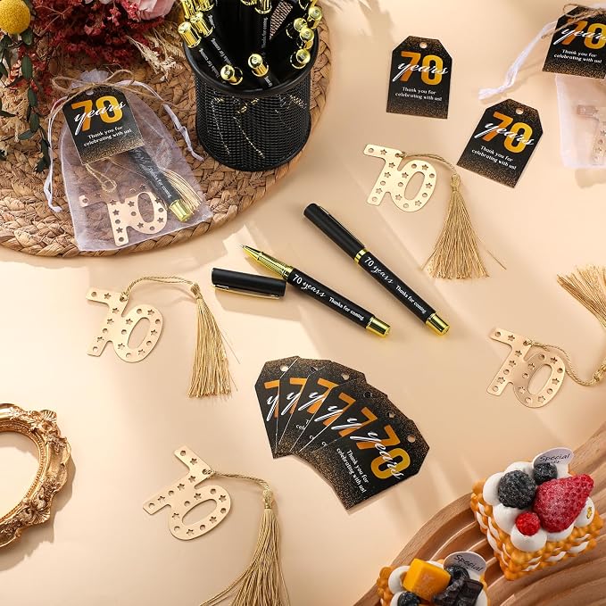 Spakon 25 Set 70th Birthday Party Favor for Guest Anniversary Party Favor Golden Birthday Bookmark Thanks Coming Pen with Tag Appreciation Gifts for Women Men Wedding Anniversary