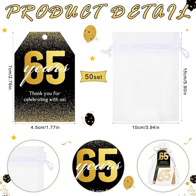 Spakon 25 Set 65th Birthday Party Favor for Guest Anniversary Party Favor Golden Birthday Bookmark Thanks Coming Pen with Tag Appreciation Gifts for Women Men Wedding Anniversary