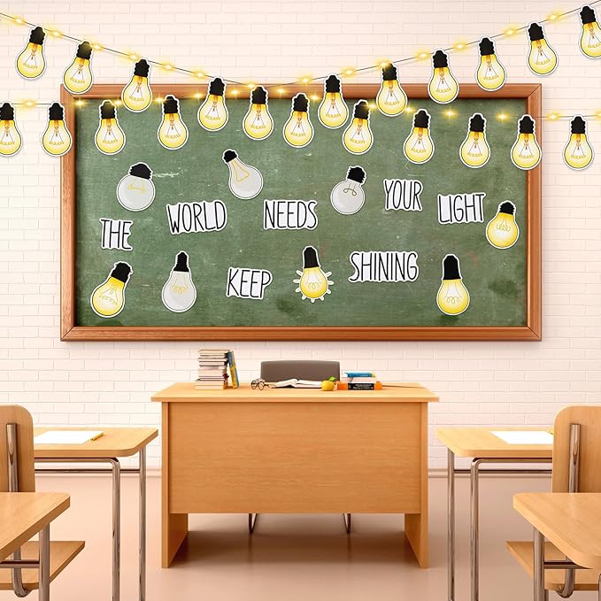 Karenhi 108 Pcs Classroom Light Bulb Bulletin Board Decoration Cutouts Set with Glue Point - Back to Schol Supplies Keep Shining Motivational Banner First Day of Shool Decor (Classic)