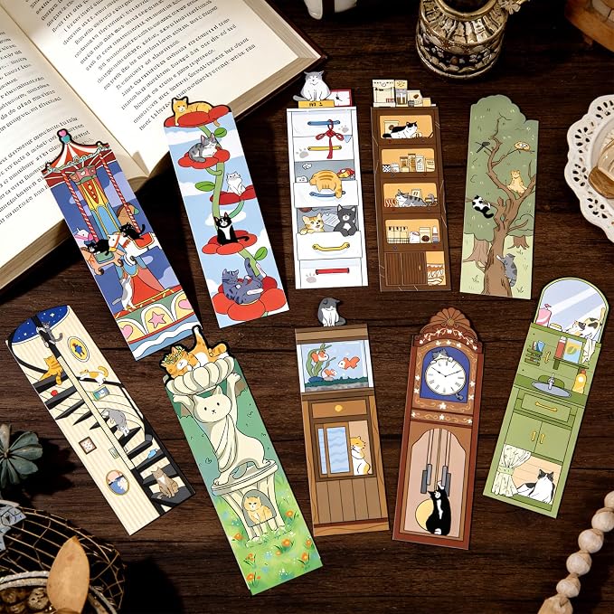 Wxiben Cat Bookshelf Bookmarks Gifts - 90 Pcs Cartoon Cats World Paper Bookmarks Book Marks Page Marker Clip Gift for Women Men Teachers Office Book Cat Lovers Bookish Reading Accessory