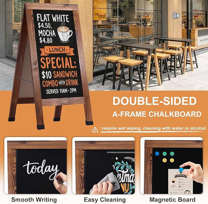 Wood Magnetic A-Frame Chalkboard Signs, 40" x 20" Large Sandwich Board Signs Outdoor, Double-Sided Sidewalk Blackboard for Business, Wedding, Vendor Display, Coffee Shope - Brown