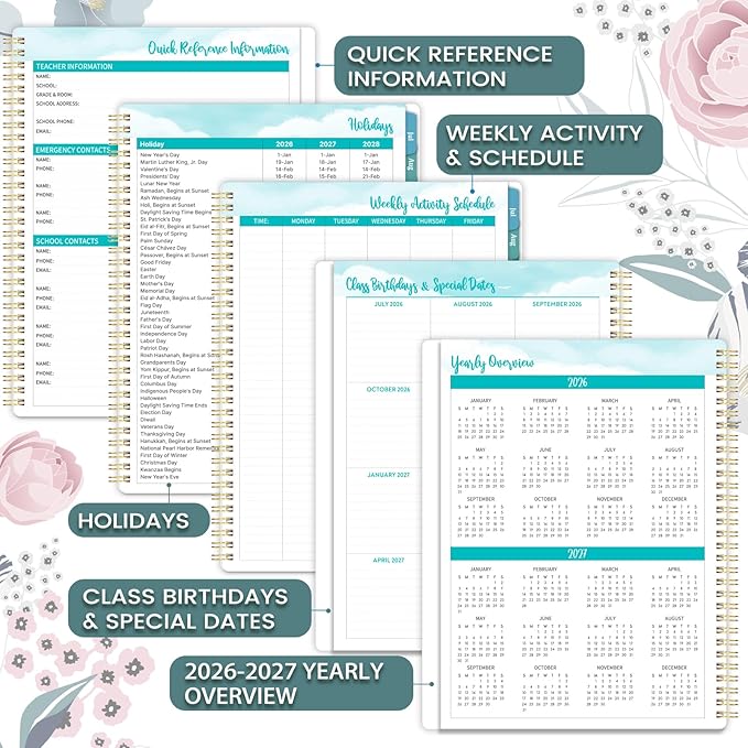 Teacher Planner 2026-2027 - 2026-2027 Weekly & Monthly Lesson Plan Book with Colorful Tabs, July 2026 - June 2027, 8.3" x 11", Academic Planner 2026-2027 with Twin-Wire Binding and Quotes for Teachers - Petunia