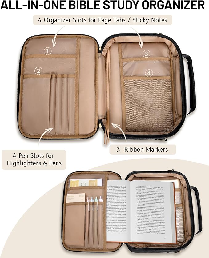 Bible Cover Case for Women, Large Quilted Puffer Bible Bag with Shoulder Strap, Womens Book Carrying Case for Church, Cute Bible Carrier Study Supplies Gifts for Christian Lady, Black