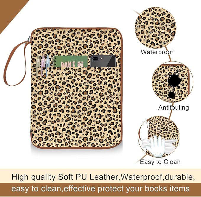 Leopard Book Sleeves with Zipper, Travel Book Protector Pouch for Paperbacks & Hardcover & Bible Books, Book Covers Bags with Pockets & Handle Strap, Book Carry Case for Book Lovers Mother's Day Gifts
