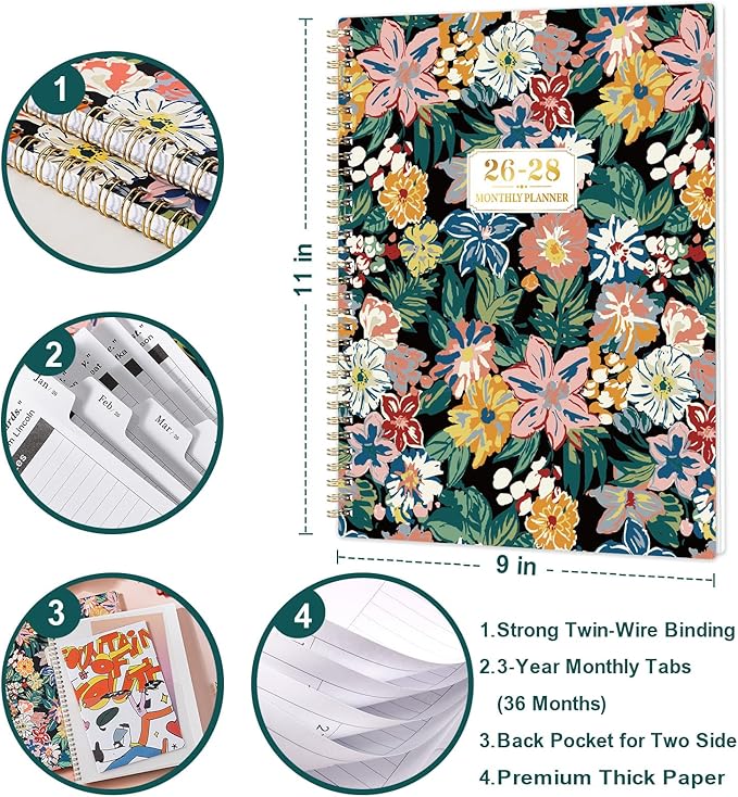 Monthly Planner 2026-2028 - 3 Year Planner/Calendar 2026-2028, JAN 2026 - DEC 2028, 9" x 11", 3 Year Calendar 2026-2027-2028 monthly planner with 36 Monthly Tabs, Notes Pages, Inner Pocket - Floral