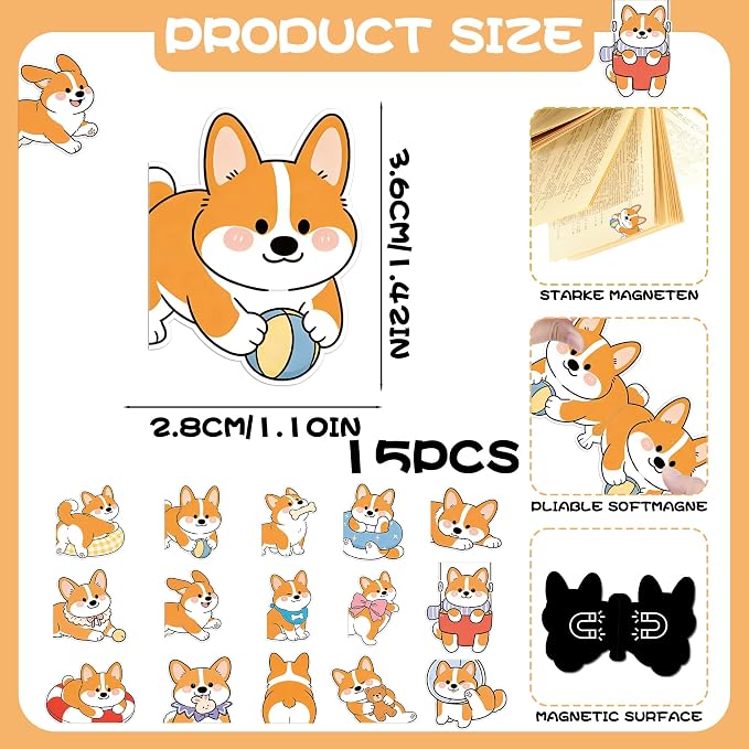 Corgi Magnetic Bookmarks Gifts - 15 Pcs Cute Dog Bookmark for Women Pet Animals Lovers Kids Students Bookworms Birthday Graduation Gift Funny Page Clips School Office Reading Accessories