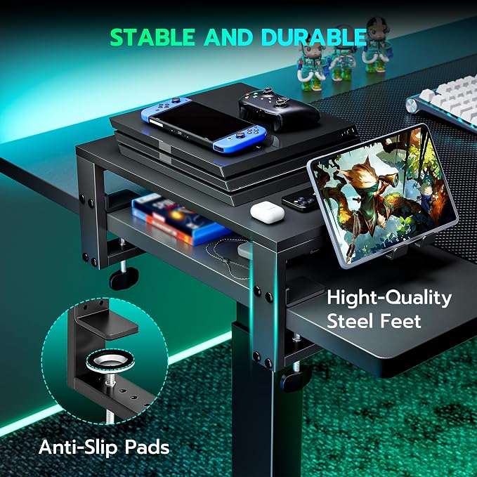 ARES WING Desk Shelf Extender, 15 inches 3 in 1 Clamp on Desk Shelf with Phone & Headset Holders, Heavy Duty Desktop Organizer for Gaming and Office Accessories, Black