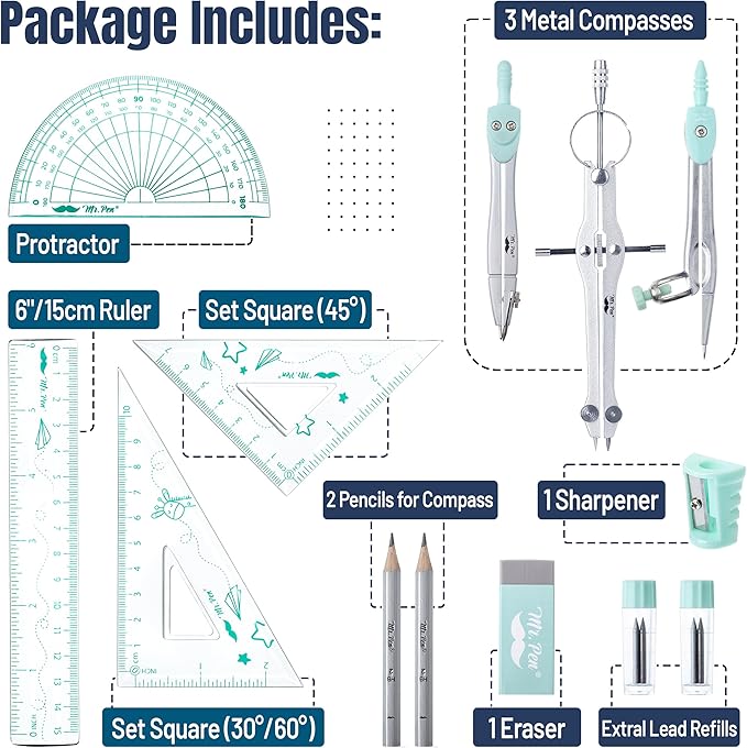Mr. Pen- Geometry Set, 13 pcs, 3 Metal Compasses, Protractor, 6" Ruler, 45° & 30°/60° Set Squares, Pencils, Lead Refills, Sharpener & Eraser for Math, Drafting & Classroom Use