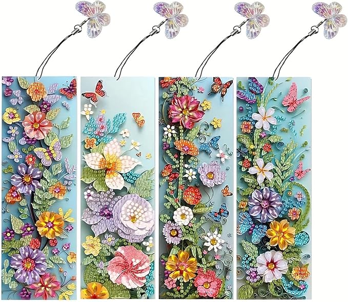 4pcs Diamond Art Bookmarks,Diamond Painting Bookmark Kits for Adult,DIY Gem Art Small Crafts with Rhinestone Tassel,Paint by Diamonds for Graduation Birthday Reader Gifts (Flower)