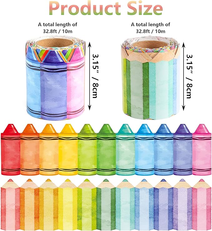 66 Ft Bulletin Board Border Rainbow Crayon Decoration Pencil Die Cut Trim Paper Cutouts for School Chalkboard Window Wall Decor Party Supplies
