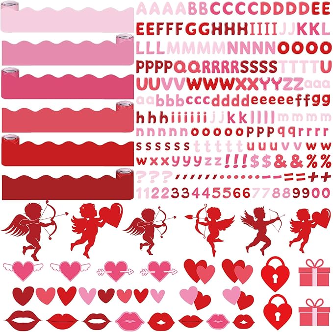 Kosiz Valentine's Day Bulletin Board Decoration Set 118 ft Scalloped Large Bulletin Board Borders Classroom Poster Border Trim with 257 Pcs Letter Number Symbol Cutout for School Decor