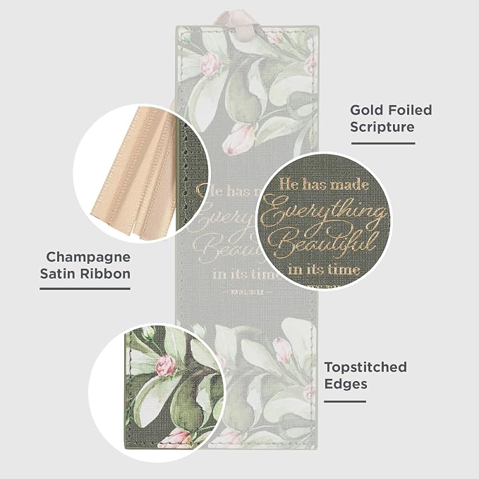 Christian Art Gifts Premium Inspirational Scripture Vegan Leather Bookmark for Women: Everything Beautiful Encouraging Golden Bible Verse, Tan Satin Ribbon, Read Books, Save Pages, Forest Green Floral