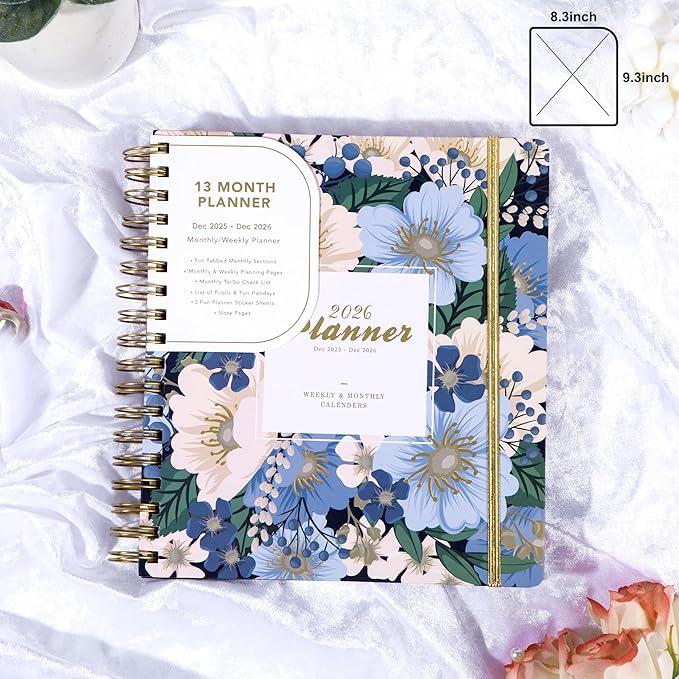 CAGIE 2026 Planner Weekly and Monthly Dec 2025–Dec 2026 Hardcover Planner with Pockets, 13 Month Large Blue Flowers Calendar Planner with Stickers Tabs, Spiral Bound Yearly Calendar Planner for Women, 8.3" x 9.3"