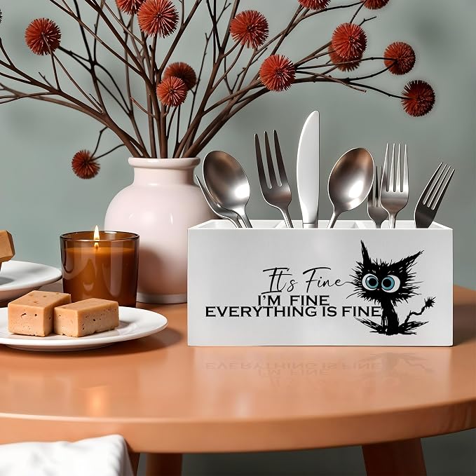 Funny Black Cat Pencil Pen Holder for Desk, I'm Fine Everything Is Fine Wooden Pencil Holder Organizer for Home Office Desk Accessories, Funny Office Gifts for Coworkers