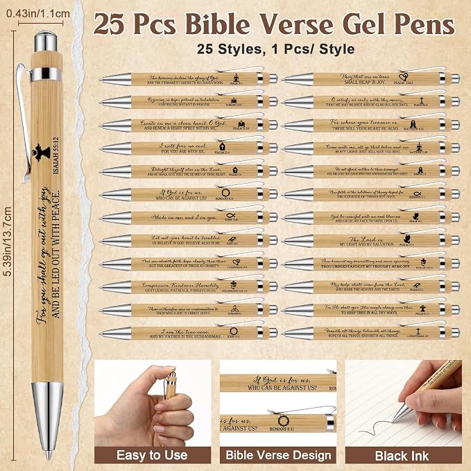Dunzoom 25set 75pcs Fathers Day Christian Gift Emergency Numbers Bookmark Bible Verse Pen Religious Scripture Keychain for Women Men Coworker Church Prayer Baptism Souvenir Study Group(Wood Color)