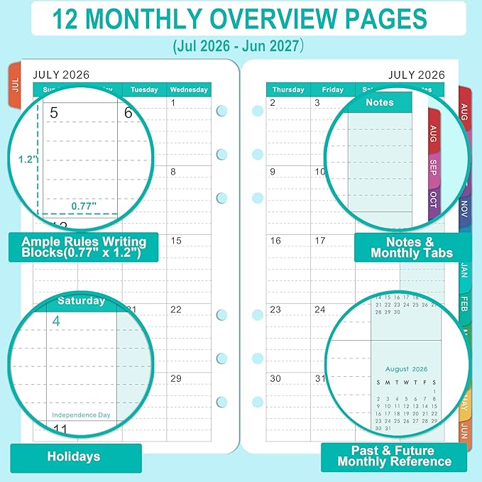 2026-2027 Planner Refills - 4" x 7", A6 Weekly and Monthly Planner Inserts, Jul. 2026 - Jun. 2027, Planner Refills 2026-2027, 6 Holes, Colorful Monthly Tabs