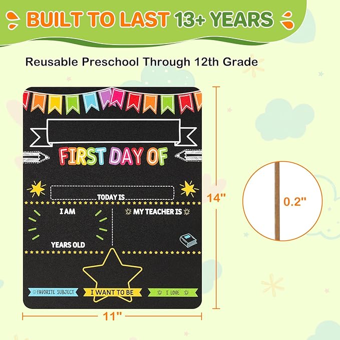 First and Last Day of School Sign - 11x14 Double-Sided Non-Glare Chalkboard with 7 Chalk Markers - Photo Prop Keepsake Gift for Kids Preschool Kindergarten 1st-12th Grade Back to School