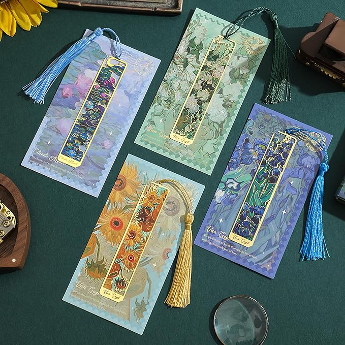 4 Pieces Metal Bookmark with Tassel,Cute Bookmarks Oil Painting Theme Aesthetic Bookmark Golden Van Gogh Book Marks for Women Man Book Lovers Writers Reader Adult Children Teens