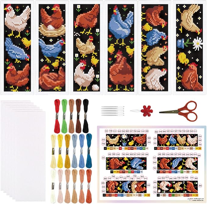 ORIGACH 6 Set Chicken Cross Stitch Bookmark Kit for Beginner with Backing Felt Floss Instructions DIY Stamped Embroidery Bookmark Kit for Adults, Book Lovers