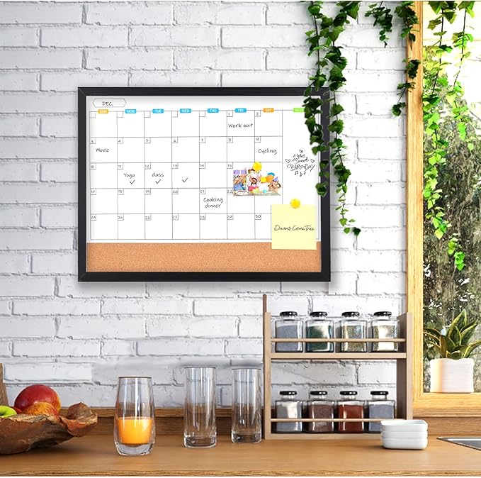 Monthly Whiteboard Calendar with Cork Board for Wall, 17"x13",Magnetic Dry Erase Board with Black Wood Framed,2-1 Wall Planner Whiteboard, Bulletin Board with Pins for Home, School,Office