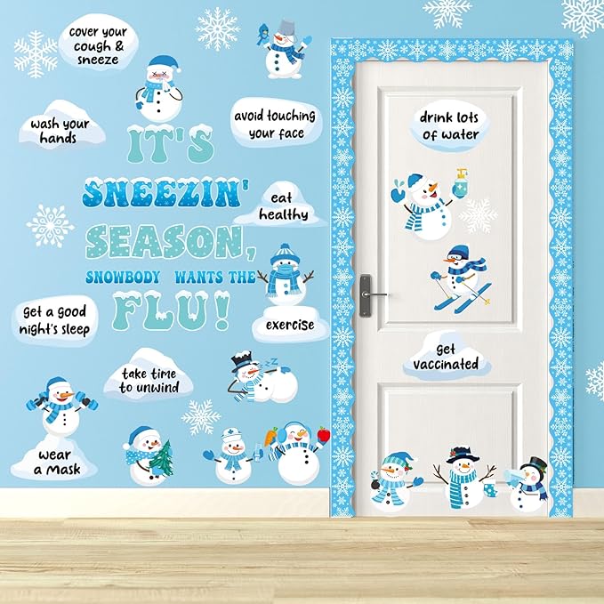 Winter Health Bulletin Board Set Snowman Flu Prevention Classroom Decor Sneezing Season Paper Cutouts for Door Wall Decor Christmas Winter Holiday Party Supplies