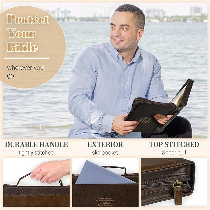 Christian Art Gifts Premium Vegan Leather Inspirational Bible Cover for Men & Women: Debossed Crown of Thorns Design, Inspiring Scripture, Easy Carry Zippered Case, Pen Loops, Pockets, Brown, XL
