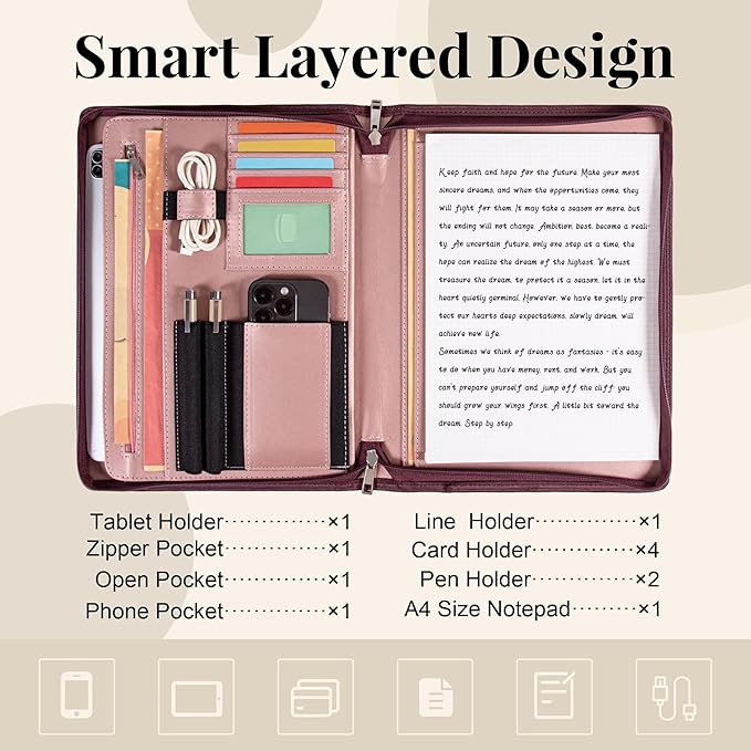 Calfinder Leather Portfolio for Women,Business Portfolio Organizer with Zipper,Pink Portfolio Binder, Interview Resume Folder with Card Holder, A4 Letter Document Organizer,Gift for Women