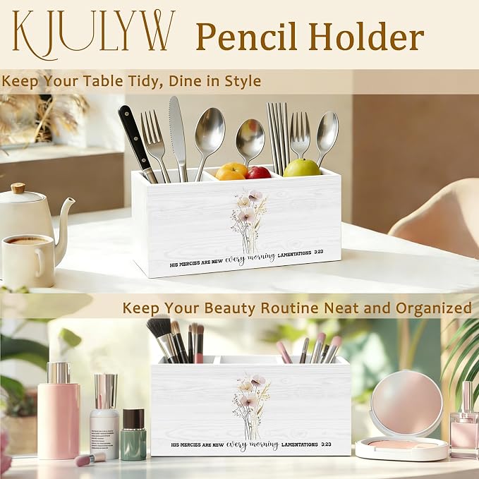 Christian Floral Pen Holder for Desk, Christian Gifts for Women, His Mercies Are New Every Morning Religious Wooden Box Pencil Pen Holder Organizer for Home Office Desk Accessories