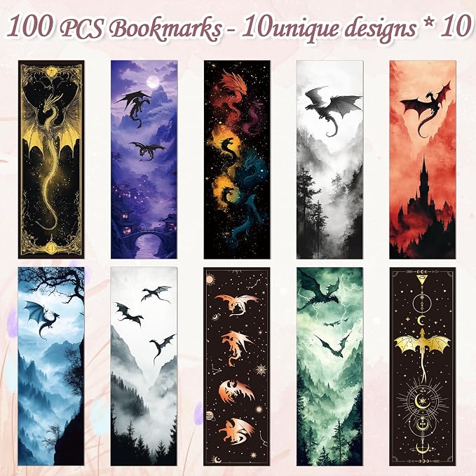 Dragon Bookmarks Gifts for Men - 100 Pcs Fantastic Bookmark Witchy Dragon Book Mark Cool Animal Page Marker Clip Gift for Book Lovers Reading Bookish Bookworm Office