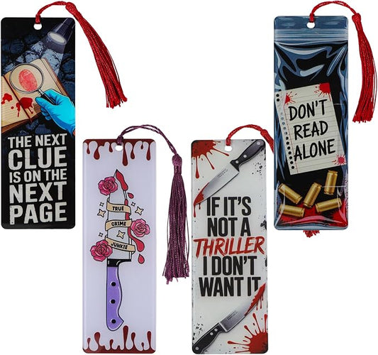 4Pcs Crime Scene Bookmark Set Acrylic, True Crime Book Marks with Tassels, Mystery Thriller Lover Gifts (4pcs True Crime)
