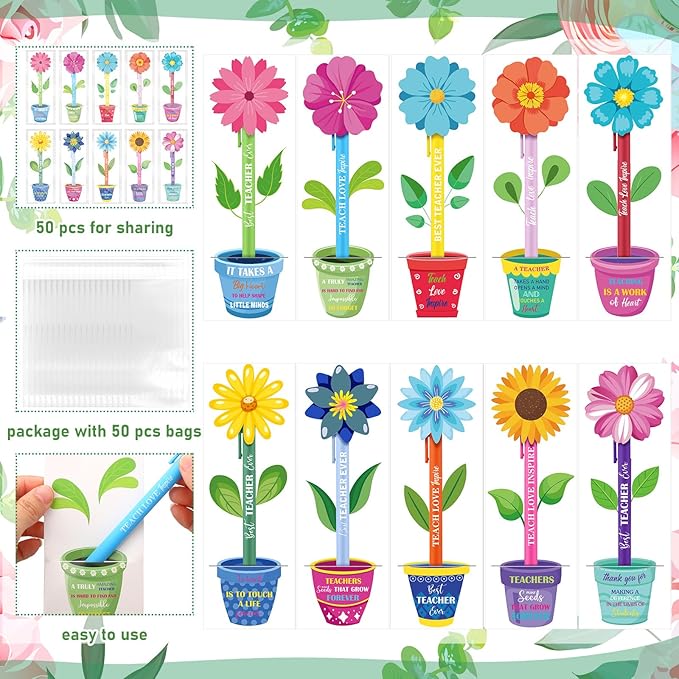Fuyoooo 50 Set Teacher Appreciation Pens Bulk Thank You Gift Thank You for Helping Me Grow Inspirational Ballpoint Pens with Cards for School Office Supplies(Flowerpot)