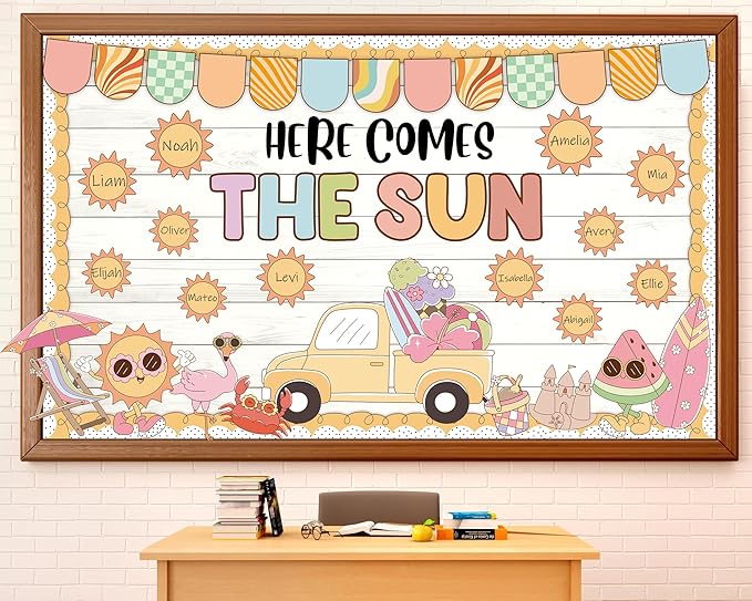 Retro Sun Motivational Bulletin Board Decor Summer Sunshine Bulletin Board Decoration Sunshine Groovy Hippie Paper Cutouts Sun Shine Beach Blackboard for School Classroom Summer Theme Party Supplies