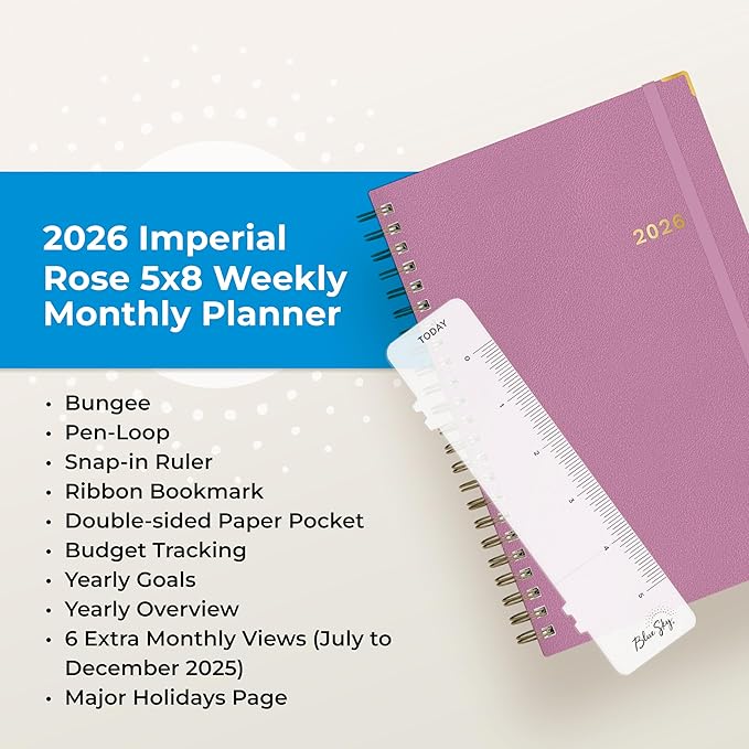 Blue Sky 2026 Weekly and Monthly Planner Calendar, January 2026 - December 2026, 5" x 8", Faux Leather Cover, Durable Twin Wire Binding, Storage Pocket, Laminated Tabs, Includes Pen Loop, Bungee, Ruler, Imperial Rose