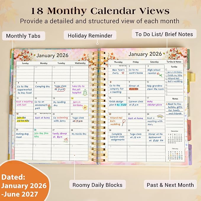 Planner 2026-2027, 18 Months Weekly and Monthly Daily Planner from January 2026 - June 2027, 5.75" x 8.38" A5 Hardcover Agenda Organizer Book 2026 with Tabs, Spiral Yearly Calendar Planners for School Work Home, Pink Blue Marble