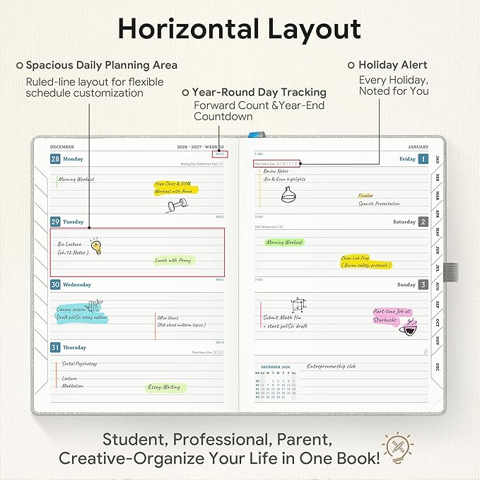 Planner 2026-2027 Weekly & Monthly Planner, 18 Month Academic Calendar July 2026 – Dec 2027, Horizontal Layout with Monthly Tabs, Textured Fabric Hardcover, Silver