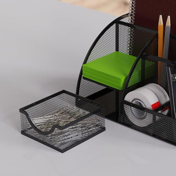 Desk Organizer and Pencil Case with Drawer and 6 Compartments in Black Metal Mesh. Space-Saving Desk Organizer for Pens, Pencils, Sticky Notes, Clips and Staplers