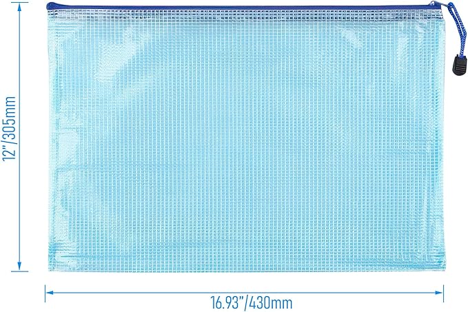 3 Pcs 16.93" x 12.01" A3 Sizes Mesh Zipper Pouch Bags, Mesh Bags with Zipper，Waterproof Clear document pouch for Organization Puzzles Travel, Office, Classroom Organization, A3 Blue