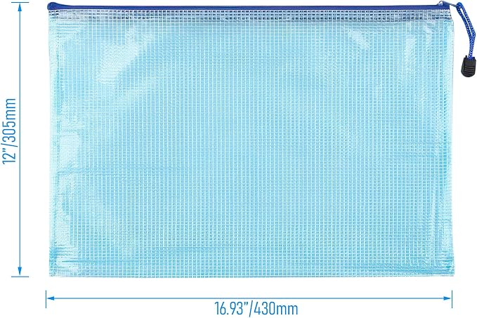 6 Pcs 16.93" x 12.01" A3 Sizes Mesh Zipper Pouch Bags, Mesh Bags with Zipper，Waterproof Clear document pouch for Organization Puzzles Travel, Office, Classroom Organization, A3 Blue
