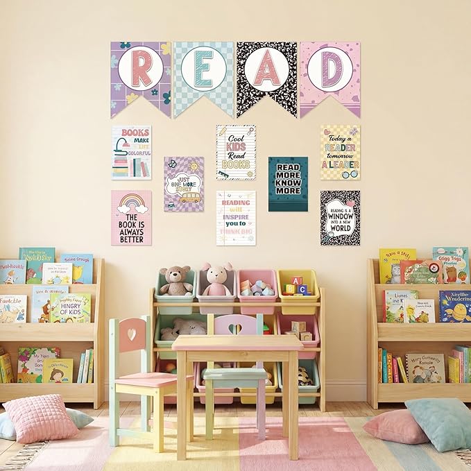 Reading Classroom Decorations Library Posters Bulletin Board Sets for Elementary Classroom Pennants Decor for Back to School Nursery Library Teacher Supplies(Bright Colors)