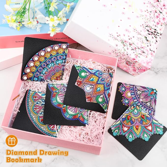 MXJSUA 6 Pcs DIY Diamond Art Painting Corner Bookmarks, Hand Corner Book Marks Gem Painting Art PU Leather Triangle Bookmarks for Home Office School Beginner Adults Reading Crafts Kit Book Lovers
