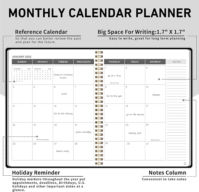 Monthly Planner Jan 2026 - Dec 2027, Monthly Planner for 24 Monthes, 9×11 Inch, Teacher Monthlys, Hard PVC Cover, Spiral Bound, Time Management Calendar, Perfect for School & Office (Black)