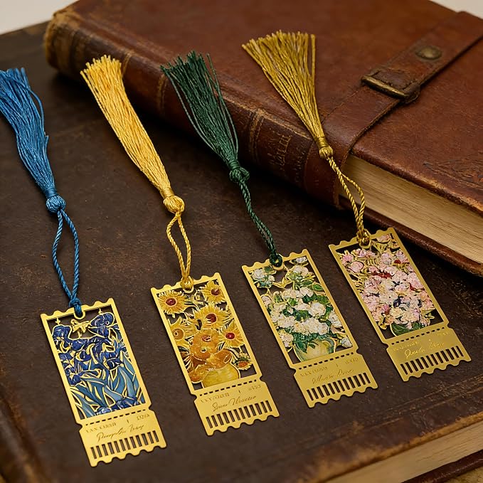 4 Pack Metal Bookmarks with Tassel, Oil Painting Style Decorative Bookmarks, Reading Page Markers for Book Lovers, Readers, Writers, Students, Adults, Men & Women