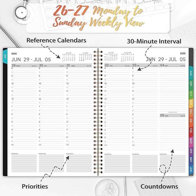 Appointment Book 2026-2027 - Planner 2026-2027, 9" x 11", July 2026 - June 2027, Daily Hourly Planner with 30-Minute Interval, Weekly & Monthly, Colorful Monthly Tabs, Inner Pocket - Black