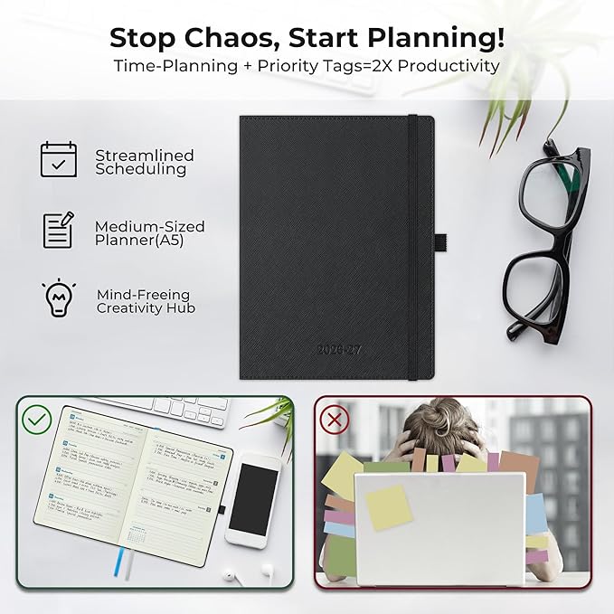 Weekly Monthly 2026-2027 Planner (July 26-Dec 27),8.5"x6.5",18 Months Agenda Plan with Month Tabs & Pocket,Expenses/Note Pages, Academic Calendar with Vegan Leather Cover,Black