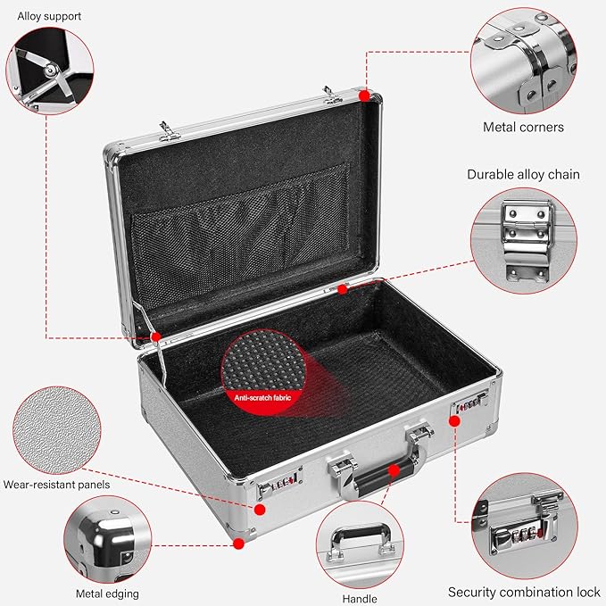 LOCKCURX File Organizer Storage Box - 16.9 x 12.2 x 6.3 Inch Large, Portable Locking Storage Totes with Dual Combination Locks for Cash, Documents & Valuables - Silver