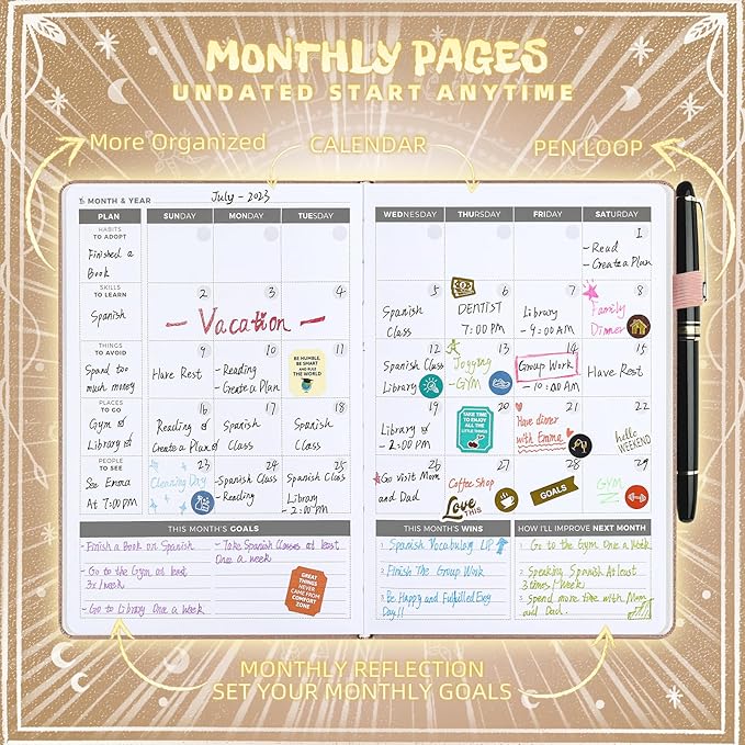 Undated Academic Planner Hardcover (5.5x8.5") - Flexible Weekly & Monthly Organizer with Stickers, Productivity Journal for Students & Professionals(Rose Gold)