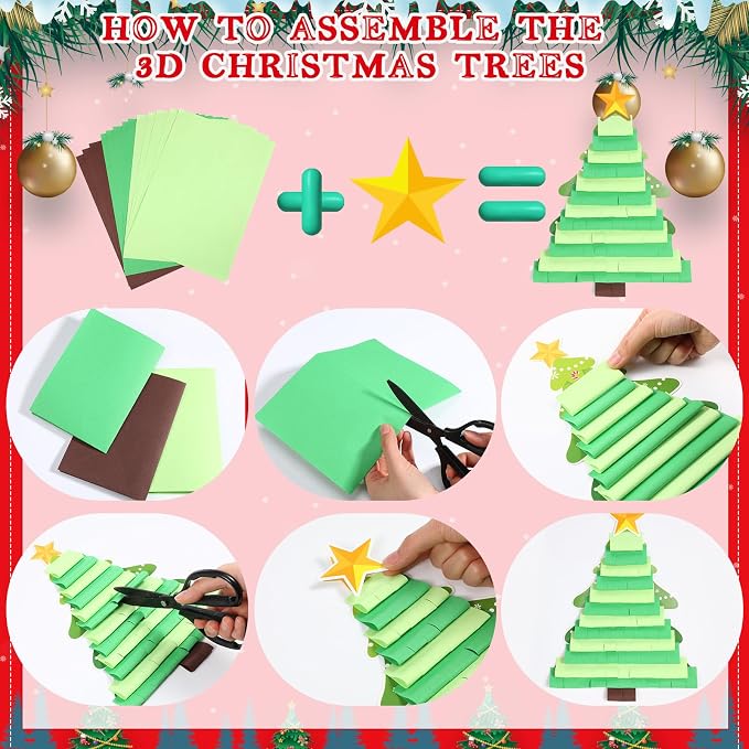 Containlol 65 Pcs DIY Christmas Tree Bulletin Board Set Christmas Classroom Bulletin Board Decorations 3D Xmas Tree Cutouts DIY Crafts Set for Winter Xmas Holiday Birthday School Home Wall Door Decor