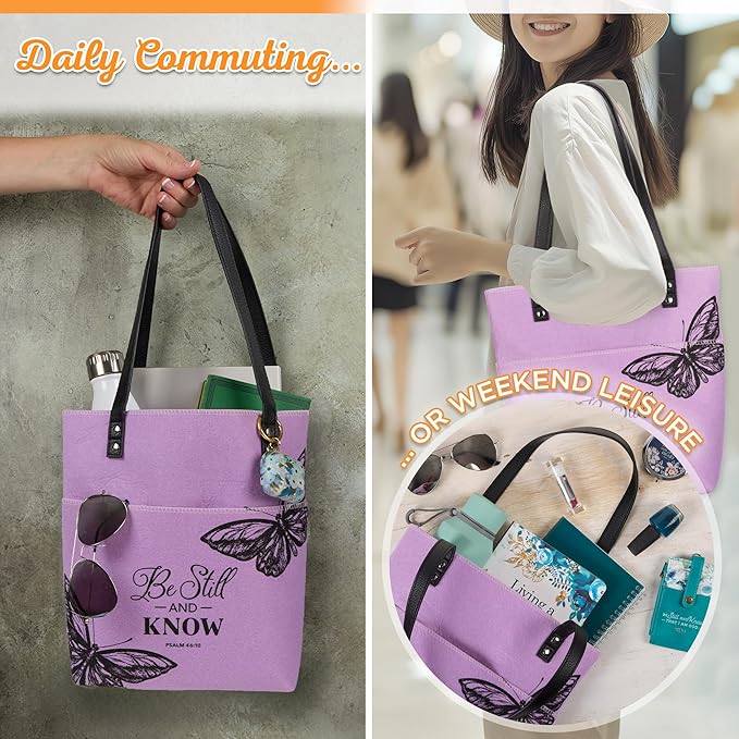 Christian Art Gifts Felt and Faux Leather Fashion Butterfly Cover Tote Bag for Women: Be Still and Know - Psalm 46:10 Inspirational Bible Verse, Purple & Black Durable Tote Bag for Books and Supplies