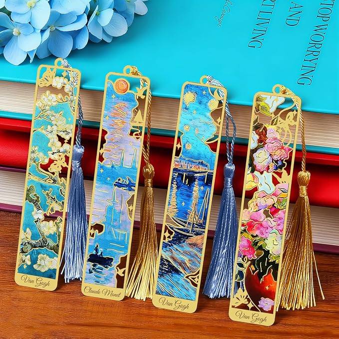 Kinsound Metal Bookmarks with Tassel, Golden Van Gogh Monet Oil Painting Theme Cute Hollow Book Markers for Reading Women, Teachers, Students, Reading Accessories Gifts for Book Lovers (Style B(4PCS))