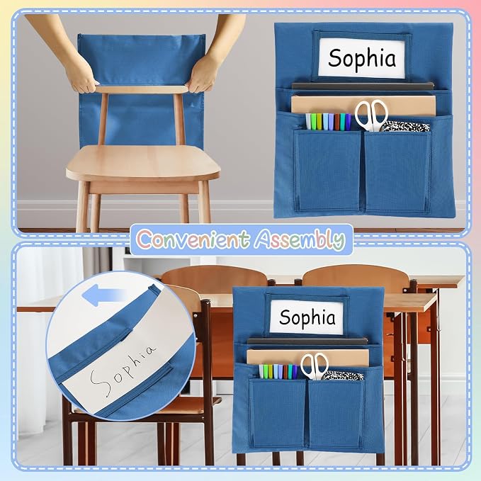 gisgfim 12 Pcs Small Chair Pockets for Classroom 13 x 14 Inch Bag with Name Tag Multi Pockets Chairsback Pouch Organizer for Student Kindergarten Elementary Daycare (Groovy)